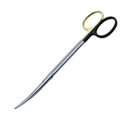 Metzenbaum Scissor Curved Super Cut Design With Tungsten-Carbide Inserts Serrated Bottom Blade With Razor Sharp Edges Blunt Rounded Tips Overall Length 5 3/4" (145mm) Oval Shanks Precision Two Tone Finish With One Gold Ring And One Black Ring 